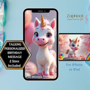 Tarjeta electrónica con mensaje de video de cumpleaños personalizado de unicornio para niños