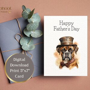 Carte boxer Happy Father's Day, chien coiffé d'un chapeau punk, téléchargement immédiat, impression à 5 x 7 pouces, et idées de messages à écrire à l'intérieur