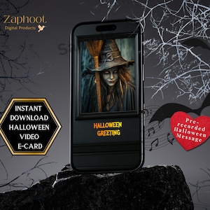 Puede incluir: Un smartphone muestra una tarjeta electrónica de Halloween con una bruja y una escoba. El teléfono está sobre una roca oscura, con un mensaje en forma de corazón rojo y el texto "Descarga instantánea de video de Halloween E-Card".