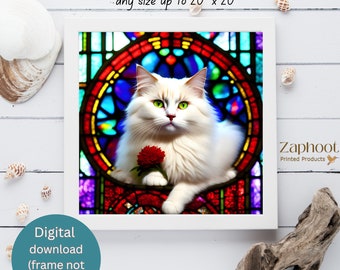 Stained Glass Cat Print: Flauschiges weißes Kätzchen mit Blume (Digitaler Download)