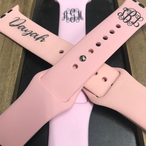 Color fill Laser custom engraved personalized watch bands to fit your Apple watch-Many Monogramming styles available as well as custom work.