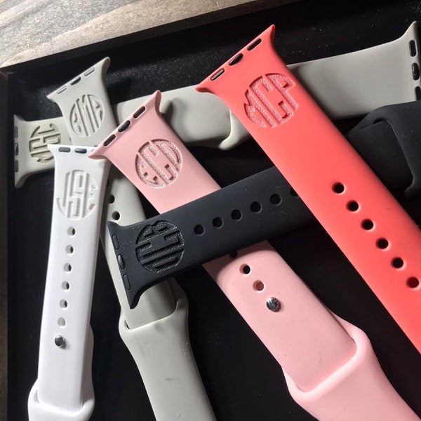 Laser custom engraved personalized watch bands to fit your Apple watch- Many Monogramming styles available as well as custom work.