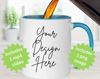 11oz White and Blue Accent Mug Mockups in a Clean  Minimal Kitchen Scene - (PNG+MP4)