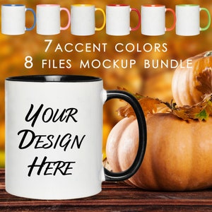 Mockups Bundle of 11oz mugs with 7 accent color choices in an Autumn, Fall Season pumpkins and bright leaves background