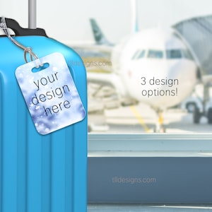 Luggage Tag White Rectangle Mockup in an Airport Terminal with Suitcase and Airplane through Window Background, Instant Download