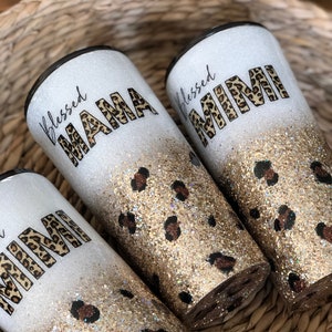 Blessed Mama, Leopard Personalized Glitter Tumbler
