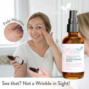 May include: A brown glass bottle with a silver pump top and a white label that reads "eva naturals Collagen Stimulating Skin Repairing PEPTIDE COMPLEX SERUM Smooths Fine Lines & Wrinkles Hyaluronic Acid Amino Acids 2.0 fl oz / 60 ml".