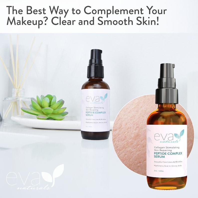 May include: Two amber glass bottles of Eva Naturals Collagen Stimulating Skin Repairing Peptide Complex Serum. The bottles have black pump tops and white labels with green leaf accents. The text on the label reads "Collagen Stimulating Skin Repairing Peptide Complex Serum" and "Smooths Fine Lines & Wrinkles".