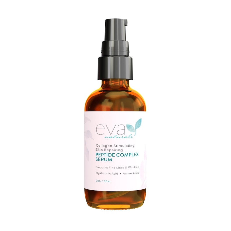 May include: A brown glass bottle with a black pump top dispenser. The bottle is labeled "eva naturals Collagen Stimulating Skin Repairing PEPTIDE COMPLEX SERUM Smooths Fine Lines & Wrinkles Hyaluronic Acid + Amino Acids 2oz / 60ML"