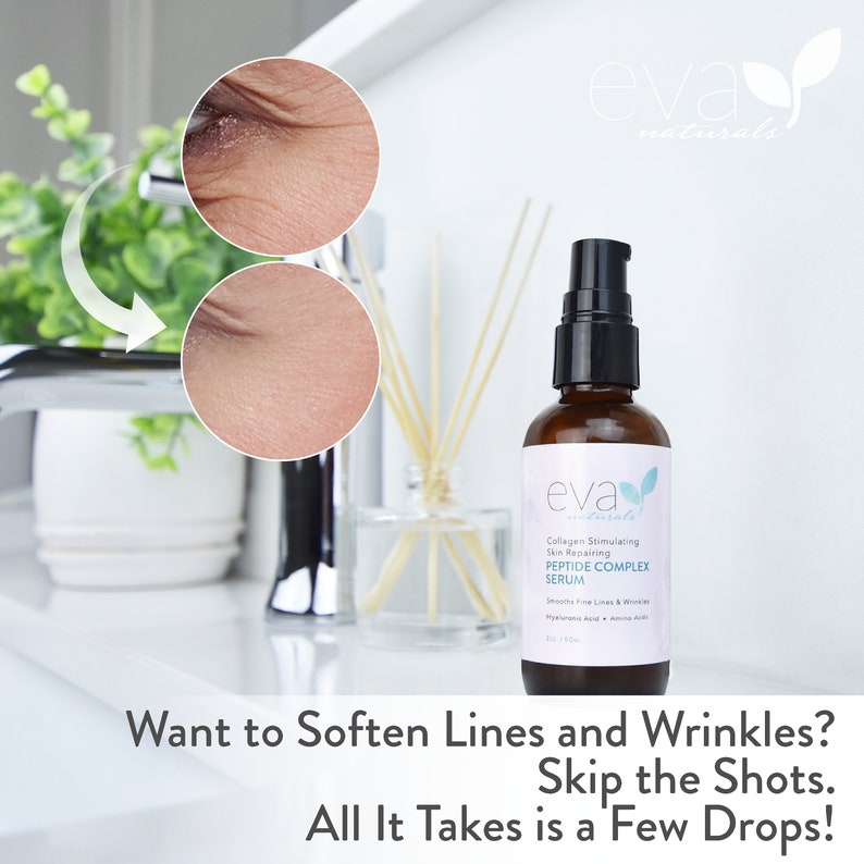 May include: A before and after image of wrinkles around the eyes, showing the difference after using a serum. The serum bottle is brown glass with a black pump top and a white label that reads "eva naturals Collagen Stimulating Skin Repairing Peptide Complex Serum". The text "Want to Soften Lines and Wrinkles? Skip the Shots. All It Takes is a Few Drops!" is at the bottom of the image.