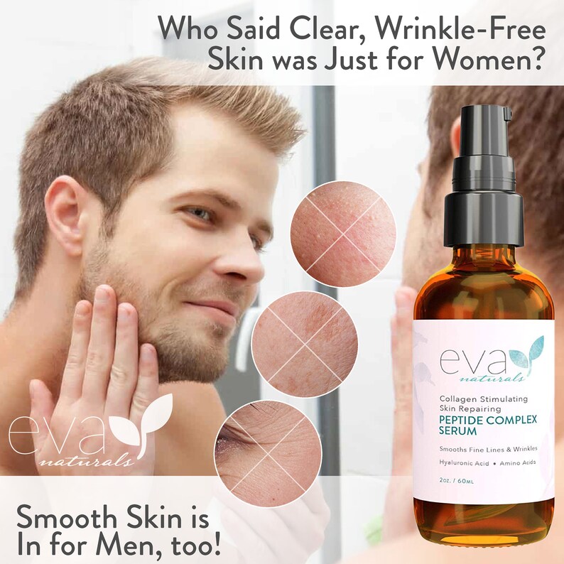 May include: A brown glass bottle with a black pump top and a white label. The label reads "eva naturals Collagen Stimulating Skin Repairing Peptide Complex Serum Smooths Fine Lines & Wrinkles Hyaluronic Acid Amino Acids 2oz / 60mL".