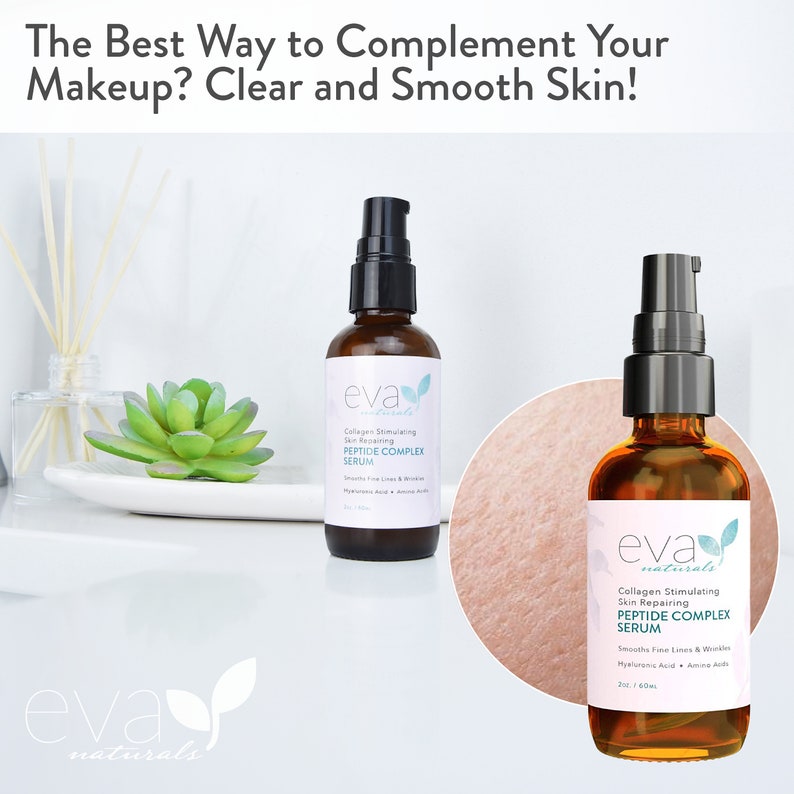May include: Two amber glass bottles of Eva Naturals Collagen Stimulating Skin Repairing Peptide Complex Serum. The bottles have black pump tops and white labels with green leaf accents. The text on the label reads "Collagen Stimulating Skin Repairing Peptide Complex Serum" and "Smooths Fine Lines & Wrinkles".