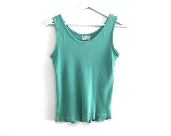 vintage TEAL turquoise RIBBED vintage 1970s 80s women's tank top -- size small