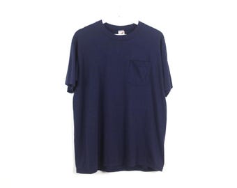 vintage NAVY BLUE raglan COTTON soft 80s 1990s blank plain pocket t-shirt -- men's size Large/X.L.