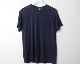 vintage 80s 1990s navy BLUE vintage SLOUCHY thin and soft crewneck short sleeve T-shirt w/ Pocket -- size Medium/Large