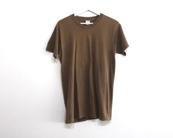 vintage BROWN plain thin and soft vintage 70s 1980s army style t-shirt -- men's size medium