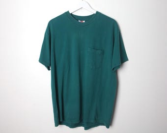 vintage 1980s 90s plain basic CLASSIC blue Green boxy t-shirt vintage POCKET t-shirt top -- men's size Medium