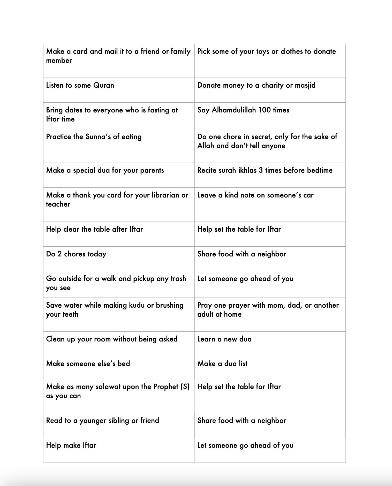 Ramadan 30 Good Deeds List Printable For Kids Etsy