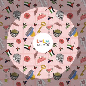 May include: A repeating pattern on a pink background featuring Palestinian flags, watermelon slices, keys, olive branches, and traditional embroidery. The design includes the text "Lulu Jasmin" in a circular logo.