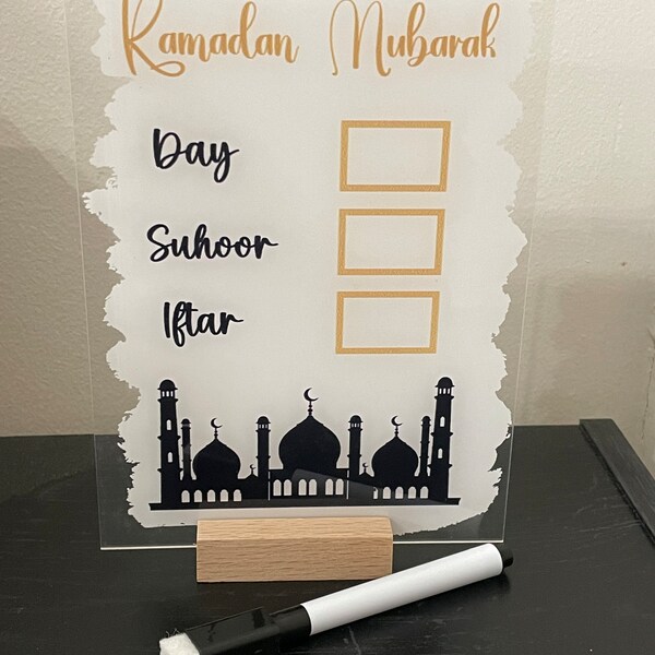 Dry Erase Acrylic Ramadan Calendar with Wooden Base, Table Ornament Ramadan Mubarak, Suhoor Iftaar Countdown, Gifts Home decor
