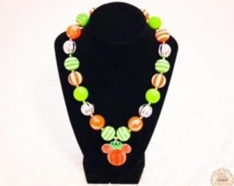 Pumpkin Minnie Fall Bubblegum Necklace, Minnie Mouse, Chunky Bead Necklace, Elastic Necklace, Green & Orange Beads, Toddler Jewelry