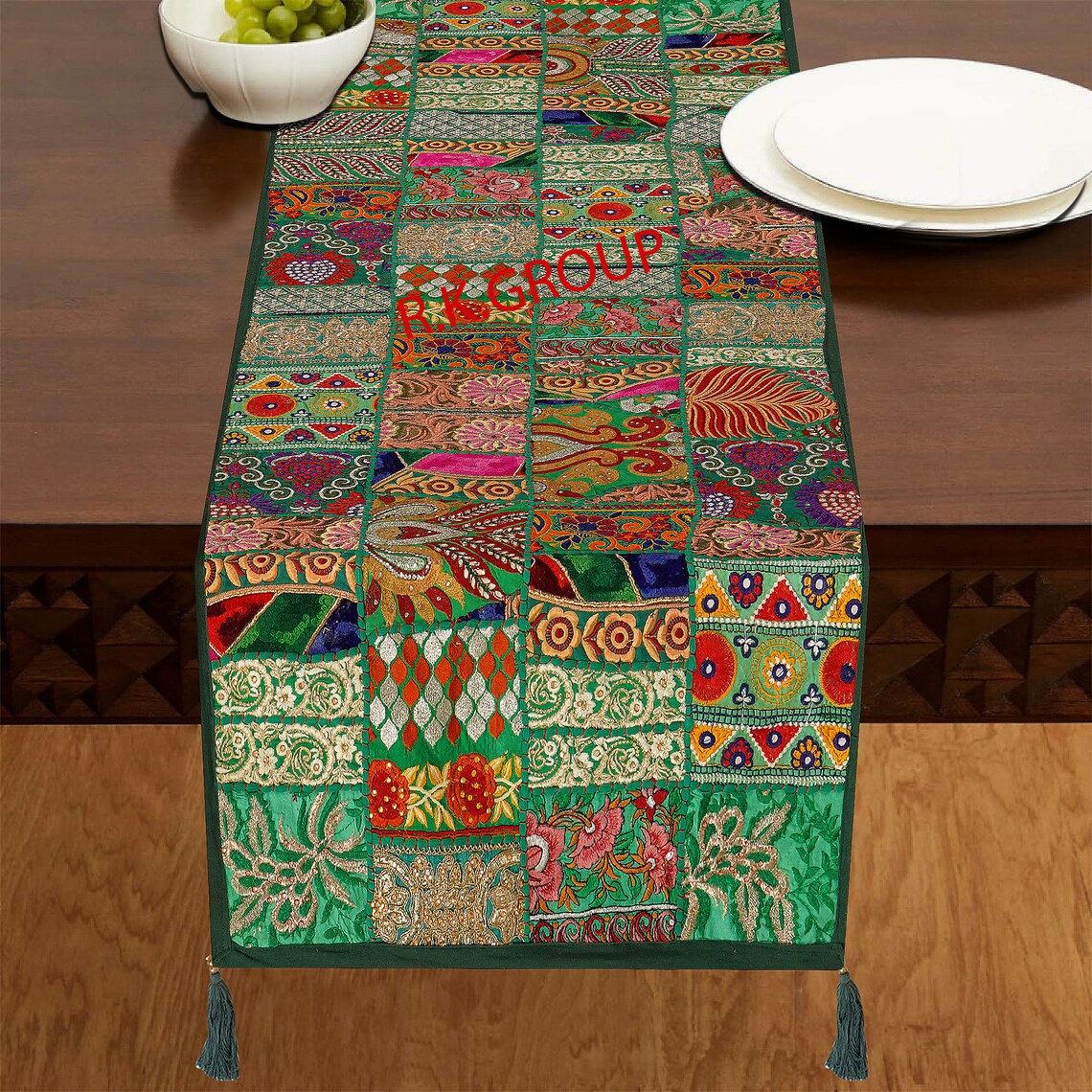 Indian Green Table Runner Room Décor Tissu brodé Patchwork Etsy