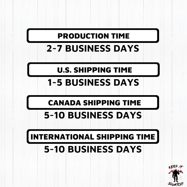 Puede incluir: Gr&aacute;fico en blanco y negro con texto que describe los tiempos de producci&oacute;n y env&iacute;o de los pedidos. El tiempo de producci&oacute;n es de 2 a 7 d&iacute;as h&aacute;biles. El tiempo de env&iacute;o a Espa&ntilde;a es de 1 a 5 d&iacute;as h&aacute;biles. Los tiempos de env&iacute;o a Canad&aacute; e internacional son de 5 a 10 d&iacute;as h&aacute;biles.