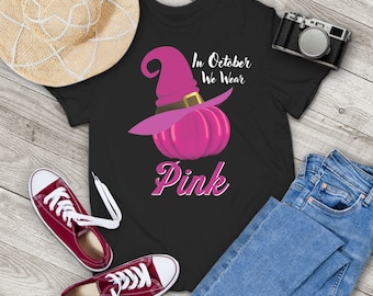 October Wear Pink Halloween Witch Pumpkin Breast Cancer Vintage T-Shirt, Halloween Shirt, Witch Pumpkin Shirt, Gift Tee For You And Friends