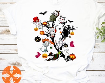 Horror Movies Cat Character Pumpkin Tree Funny Halloween Vintage T-Shirt, Horror Movies Cat Shirt, Cat Character Scary Shirt