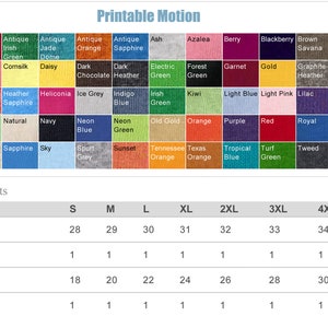 May include: A chart showing colour options and finished measurements for a t-shirt. The chart includes 48 different colour options and a size chart with measurements in inches for sizes S through 5XL.
