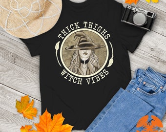 Thick Thighs And Witch Vibes Halloween Costume Witchy Vintage T-Shirt, Witch Vibes Shirt, Halloween Shirt, Gift Tee For You And Your Friends