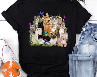 Cats And Butterflies for Cat Lover Vintage T-Shirt, Cats Lover Shirt, For Cat Lover Shirt, Gift For Cat Lover Shirt