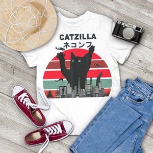 New Catzilla Japanese Sunset Style Vintage T-Shirt, Cat Lover Shirt, Black Cat Shirt, Funny Movie Shirt, Gift Tee For You And Your Family