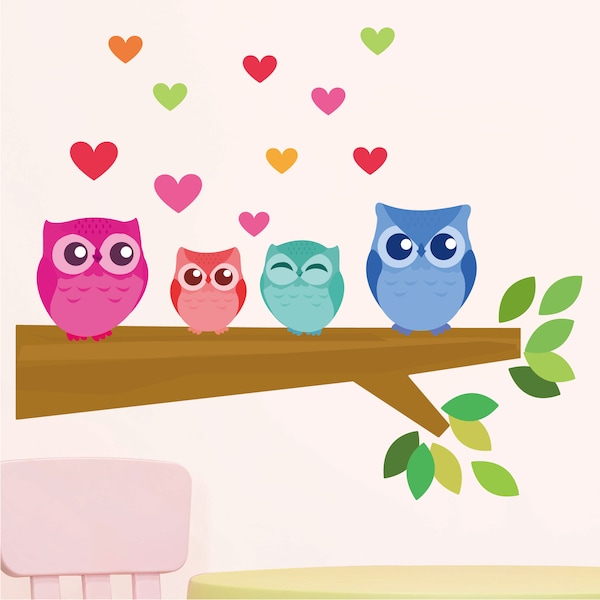 Owl Family Removable Fabric Wall Stickers / Decals with Branch, Love Hearts, Leaves, Peel & Stick for Nursery, Kids Bedroom
