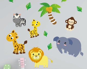 Jungle Animals Removable Fabric Wall Stickers / Decals with Lion, Elephant, Giraffe, Zebra, Monkey, for Nursery, Kids Bedroom