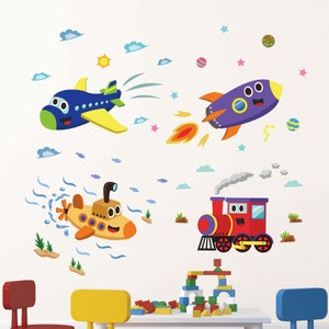 Transport Removable Fabric Wall Stickers / Decals with Train, Submarine, Aeroplane, Space Ship, Peel & Stick for Nursery, Kids Bedroom