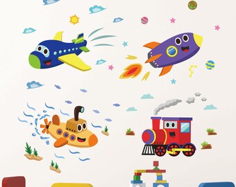 Transport Wall Decals, Train, Spaceship, Plane, Submarine, Kids Nursery