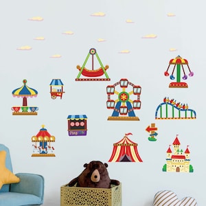 Amusement Themapark Verwijderbare Stof Muurstickers / Stickers met Reuzenrad, Achtbaan, Peel & Stick voor Kinderkamer, Kinderkamer