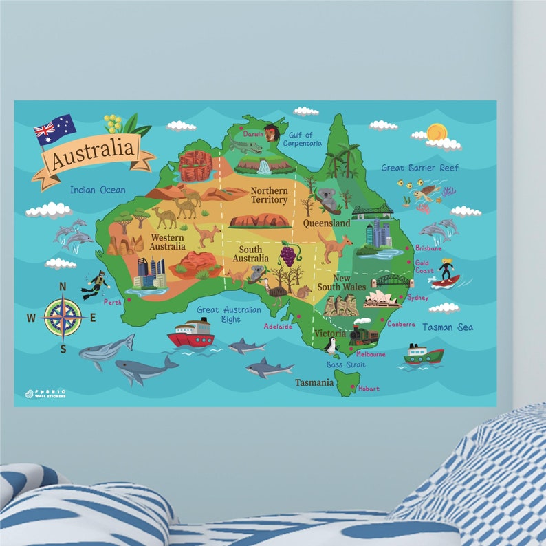 Australia Map Kids Removable Fabric Wall Stickers / Decals, Peel ...