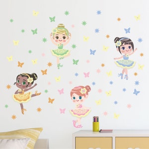 Ballerina, Dancing Girls Removable Fabric Wall Stickers / Decals with Butterflies, Stars, Peel & Stick for Nursery, Kids Bedroom
