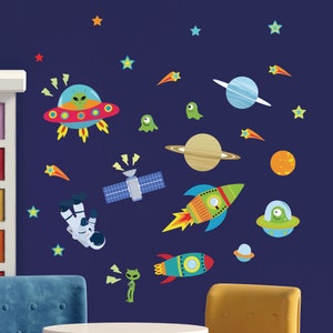 Outer Space Removable Fabric Wall Stickers / Decals with Aliens in UFO, Astronaut, Spaceship, Planets, for Nursery, Kids Bedroom