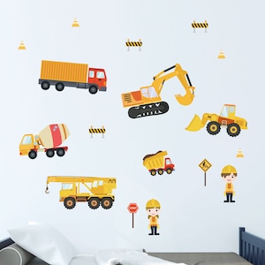 Construction Trucks Removable Fabric Wall Stickers / Decals with Crane, Excavator, for Nursery, Boys' Bedroom, Kids Playroom