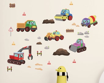 Construction Trucks Removable Fabric Wall Stickers / Decals with Bobcat, Dumper, Digger Kids, for Boy Nursery, Kids Bedroom