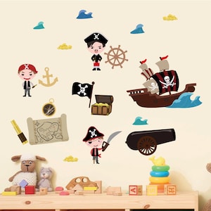 Pirate Ship Autocollants muraux en tissu amovible / Décalcomanies avec boîte au trésor, carte, canon, ancre, peeling facile, pour la pépinière, chambre d’enfants
