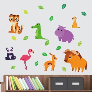 Naklejki ścienne z materiału na ścianę ze zwierzętami z zoo / zdejmowane z tygrysem, krokodylem, pandą, hipopotamem, surykatką, do pokoju dziecięcego, sypialni dziecięcej