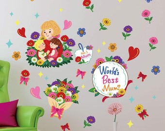 World's Best Mum Fabric Wall Decals, Flowers, Hearts