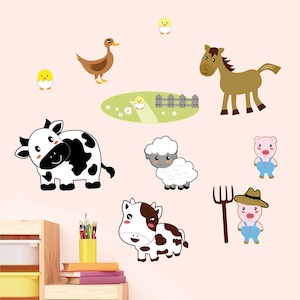 Farm Animals Removable Fabric Wall Stickers / Decals with Moo, Horse, Sheep, Pigs, Ducks, Peel & Stick for Nursery, Kids Bedroom