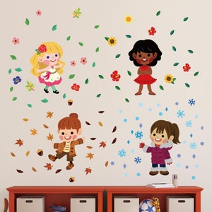 Girls In Seasons Removable Fabric Wall Stickers / Decals With Flowers, Leaves, Snowflakes, Peel & Stick for Nursery, Kids Bedroom
