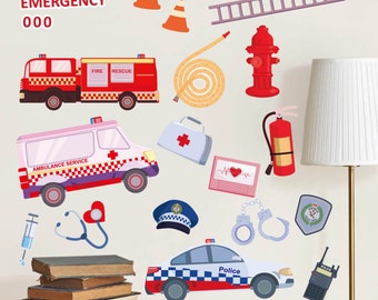 Emergency Cars Removable Fabric Wall Stickers / Decals with Ambulance, Police Car, Fire Engine, Peel & Stick for Kids Bedroom