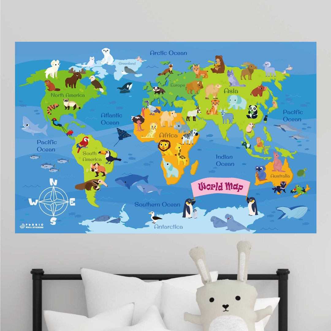 Animal World Map Removable Fabric Wall Stickers / Decals, Peel & Stick